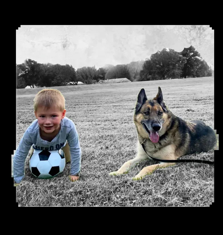 A boy kneeling with a soccer ball next to a calm German Shepherd